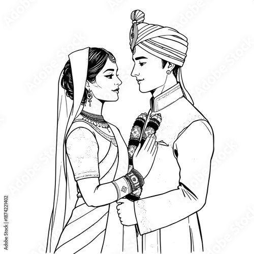 Classic Indian wedding couple depicted in a delicate ink drawing with a symmetrical pose, exuding a romantic feel, defined by a bold black outline and intricate art, showcasing high detail clothing pa