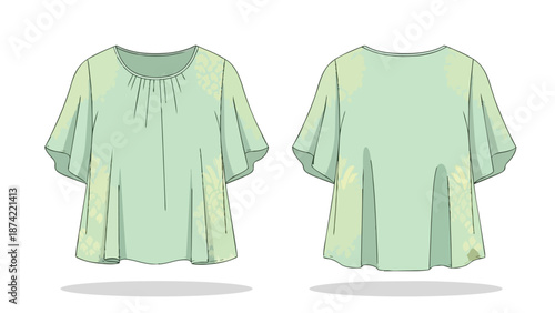 Fashionable mint green short-sleeved top with delicate floral pattern and elegant neckline for women's apparel design illustration