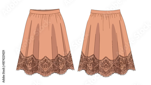 Exquisite Lace-Trimmed Midi Skirt Design Illustration Detailed and Delicate Fashion Sketch