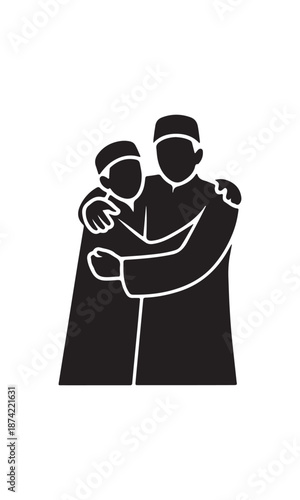 Two male figures in traditional headwear warmly embrace showing strong friendship and solidarity