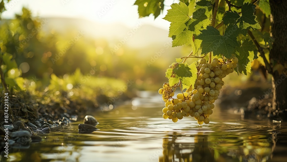 Fototapeta premium Close-up of white grape clusters on the vine, emphasizing harvest readiness for wine production