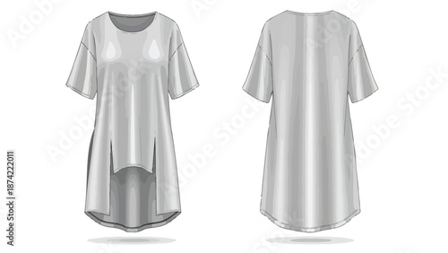 Sleek Gray Tunic Top Design with Asymmetrical Hemline and Short Sleeves Showing Front and Back Views