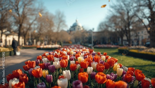 Vivid tulip bed featuring r...