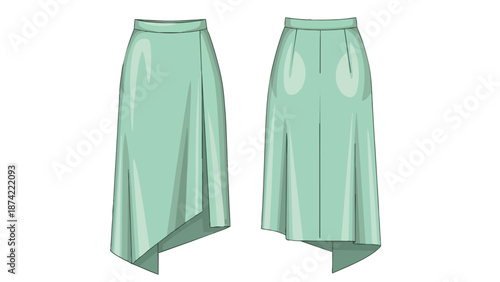 A mint green asymmetrical draped midi skirt presented from front and back views in a clean digital illustration format