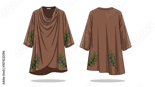 Elegant brown draped tunic with subtle green leaf embellishments showcasing front and back views