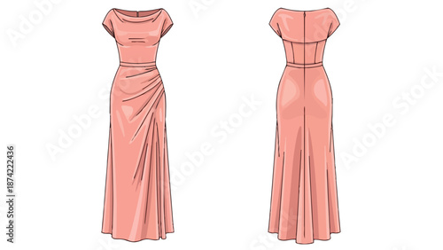 Elegant Peach Evening Gown Fashion Illustration Front and Back View