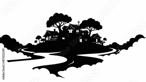 Whimsical silhouette of a small village nestled atop a hill, surrounded by flowing water and stylized clouds.