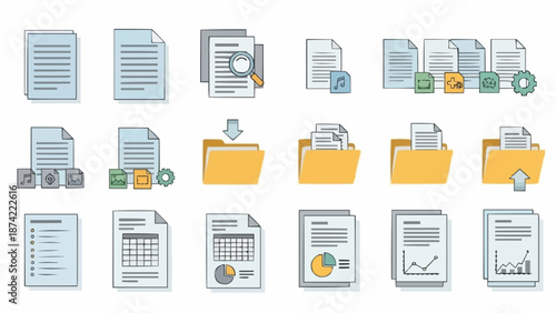 Collection of Document Icons Representing Data and Organization.