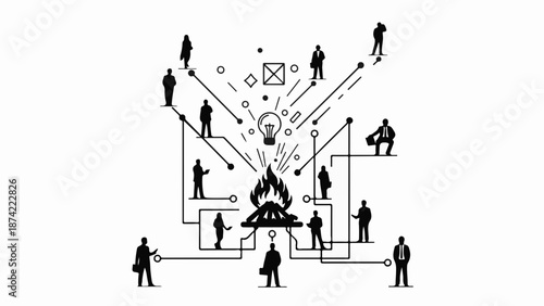 Diverse group of people connected to a central idea illuminating with a bright light.