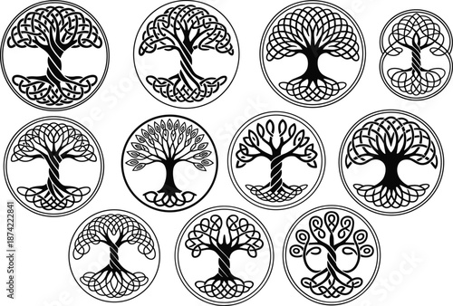 Celtic tree of life symbols collection black and white sacred geometry knotwork circles vector illustration spiritual tattoo design set