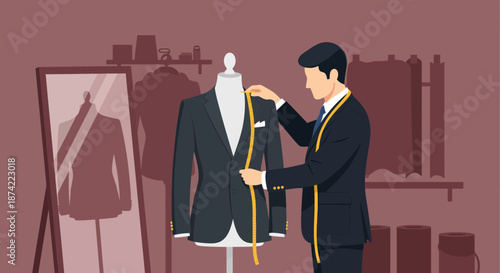 Tailor Measuring Black Suit Jacket on Mannequin.