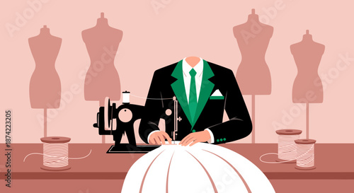 Tailor Sewing Fabric Using Vintage Sewing Machine.