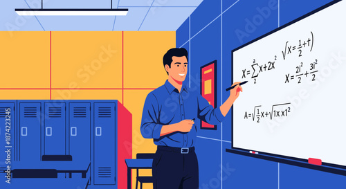Teacher Explaining Mathematical Equations On Whiteboard.