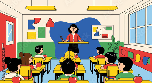 Teacher Standing in Front of Classroom Teaching Students.