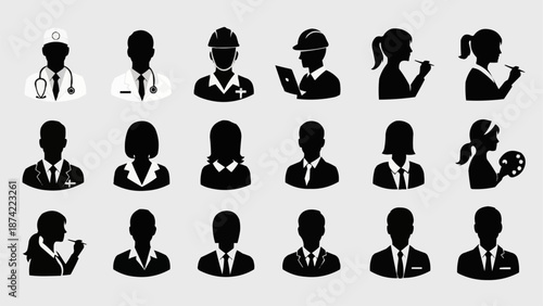Collection of Diverse Professional Occupation Silhouettes Icons.