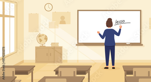 Teacher Writing on Whiteboard in Classroom.