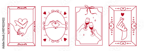Doodle frames set with romantic line art drawings inside, featuring hand gestures, hearts, and wine glasses for love greeting cards, Valentines Day designs, invitations, posters, social media.Vector