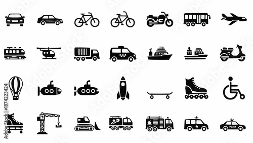 Collection of diverse transportation vehicle icons in a grid layout.