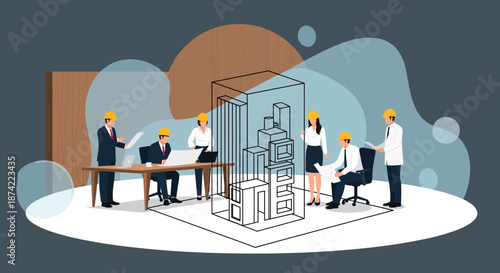 Team of professionals collaborating on architectural project.