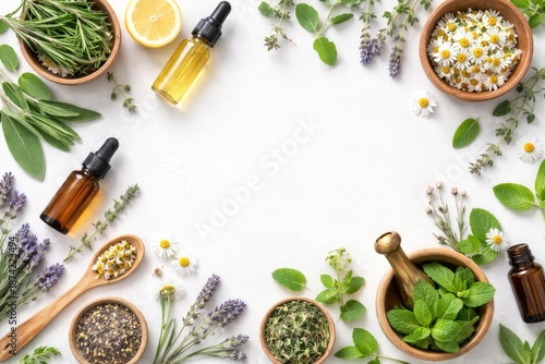 White surface with essential oil and assorted herbs for alternative medicine copy space