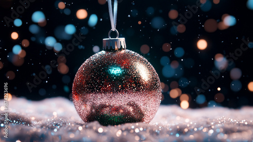 Christmas ball with silver ribbon against snowy cosmic background, AI generated