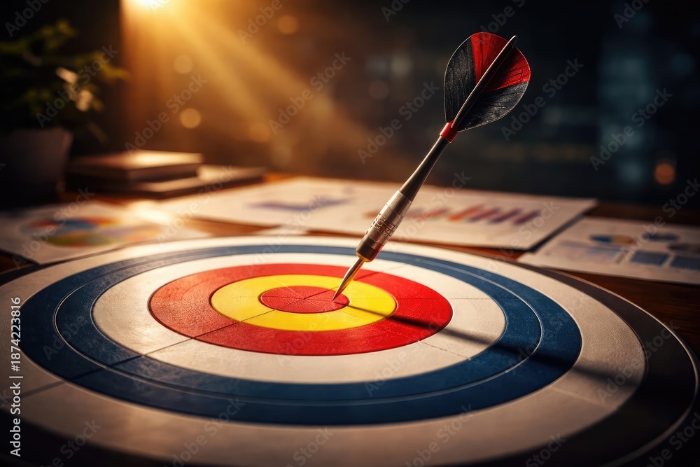 Fototapeta premium Measuring business success with precision dart hitting exact center of goal target graphic