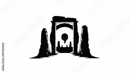 Mysterious ancient stone archway with shadowy figures and ethereal light