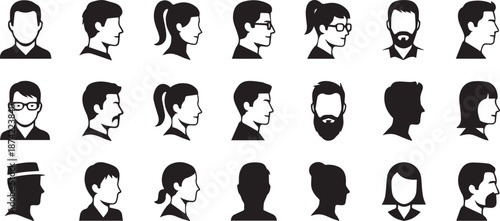 Side Profile Avatar and Diverse Character Silhouette Icon Set for Web and Apps