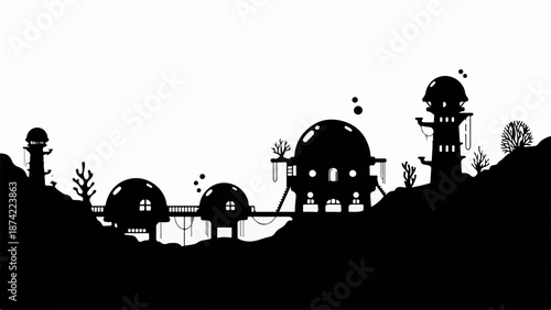 Futuristic alien landscape with unique domed structures and organic shapes.