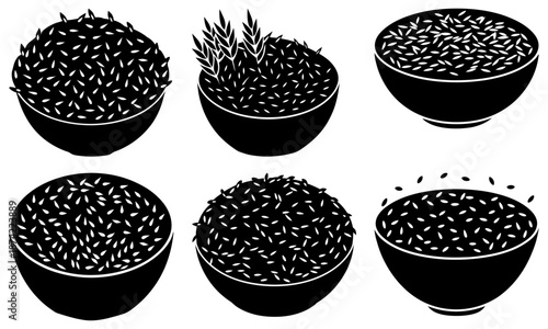Bowls with Grains and Sprouts in a Row on White Background seeds black and white