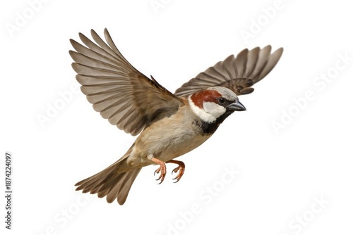 Picture of a house sparrow airborne with white background © vxnaghiyev