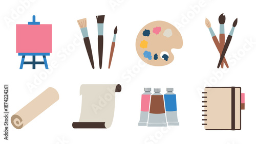 Art supplies set: brushes, palette, easel, and more in flat design style