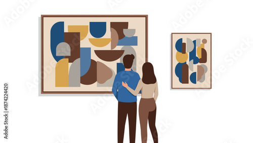 Couple admiring abstract art in modern gallery interior setting