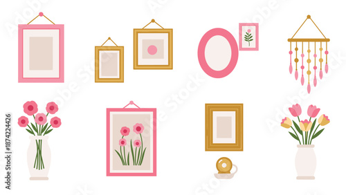 Elegant home decor collection with frames, floral arrangements, and wall hangings