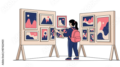 Person exploring art gallery with modern paintings displayed on easels