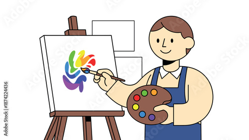 Artist painting vibrant colors on canvas in flat style