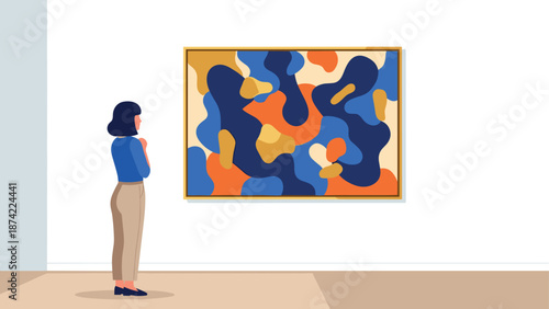 Art enthusiast observing colorful geometric abstract painting in modern gallery