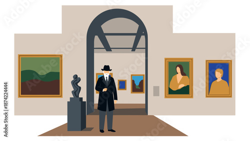 Art gallery visitor observing paintings in modern museum interior