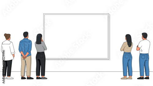 People observing a blank art canvas in minimalist gallery room