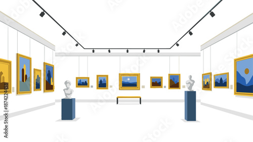 Contemporary art gallery with framed paintings and sculptures in a modern minimalist setting