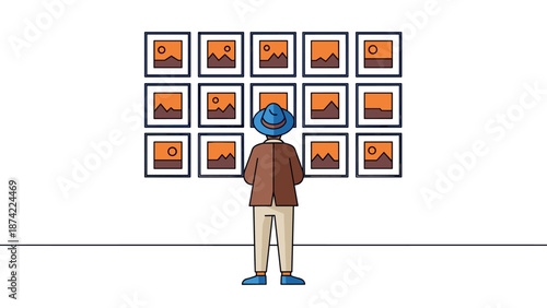 Art enthusiast viewing gallery wall with framed pictures in contemporary museum