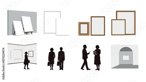 Silhouette art gallery scene with empty frames and people interacting