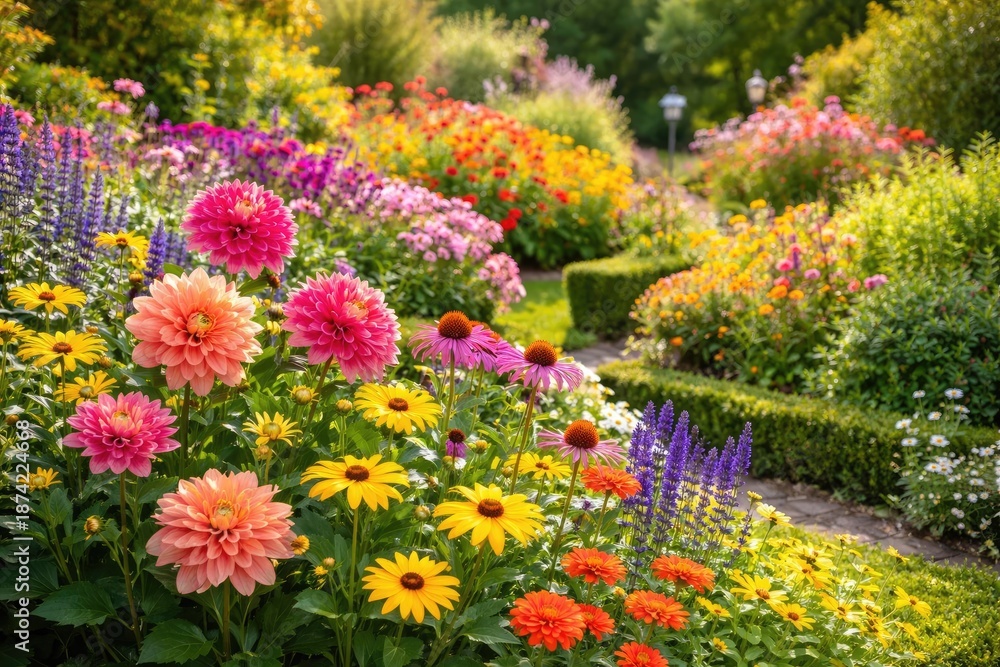 Obraz premium Brightly blooming flowers in a well-maintained garden with sharp detail