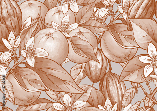 Oranges, cacao pods, and blossoms seamless botanical pattern. Hand-drawn fruits, botanical branches, leaves, flowers for vintage textile, wallpaper, kitchen, and food design. 