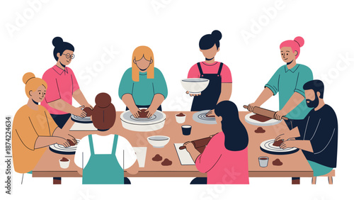 Group baking activity with diverse people sharing culinary skills at a wooden table