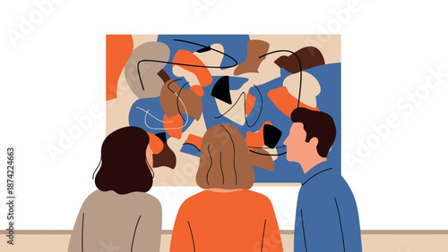 Abstract art gallery visit with visitors enjoying modern painting