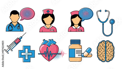 Healthcare icons with medical staff and equipment in modern flat design