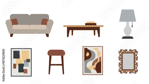Mid-century modern living room decor set with furniture and wall art