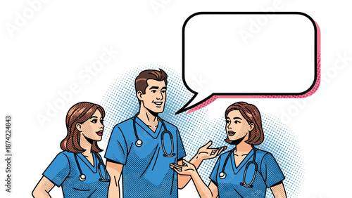 Medical team discussion in pop art style with speech bubble for communication