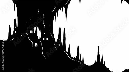 Mysterious dark cave with illuminated structures and dripping stalactites